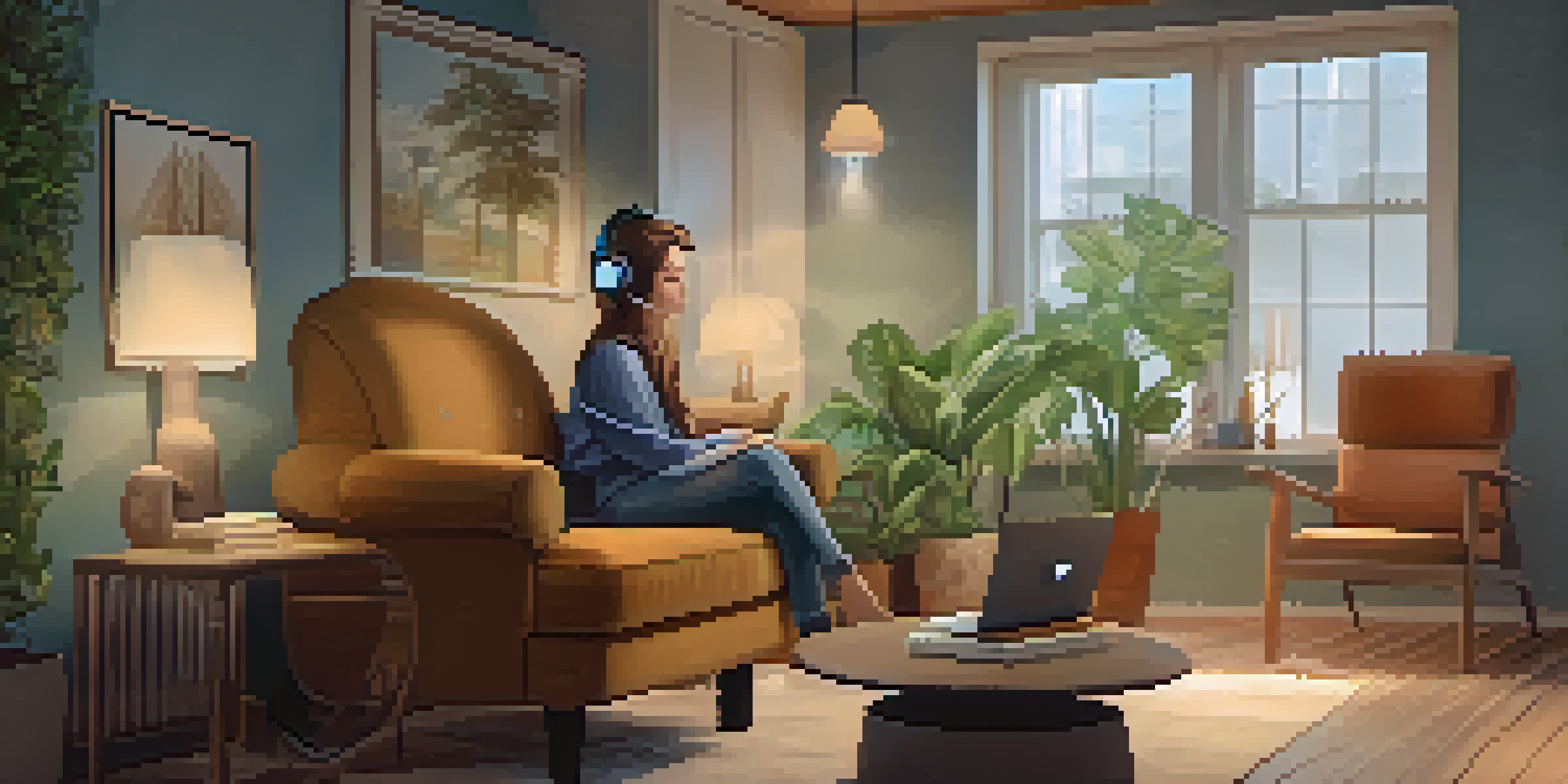 A person in a cozy room engaged in a virtual therapy session, smiling while wearing a headset, with a therapist visible on a laptop screen.