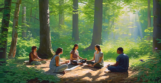A peaceful forest setting with sunlight shining through the trees, where a diverse group of people are meditating in a circle.
