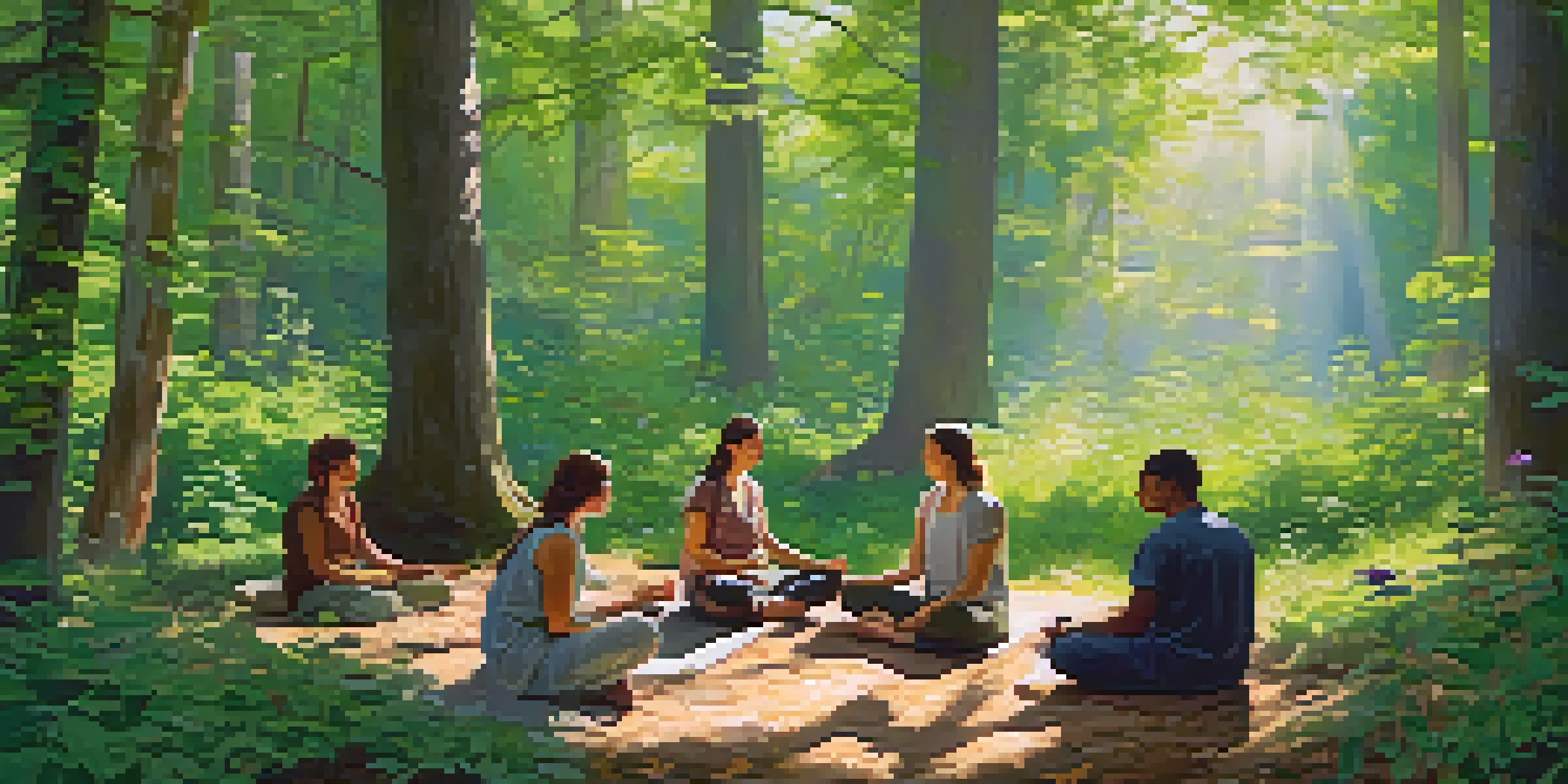 A peaceful forest setting with sunlight shining through the trees, where a diverse group of people are meditating in a circle.