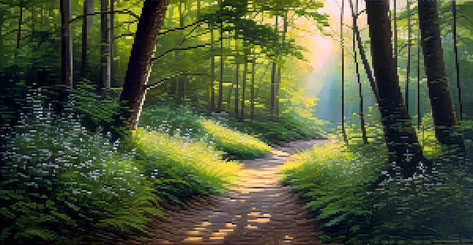A peaceful forest at sunrise with sunlight filtering through trees and a winding path lined with wildflowers.