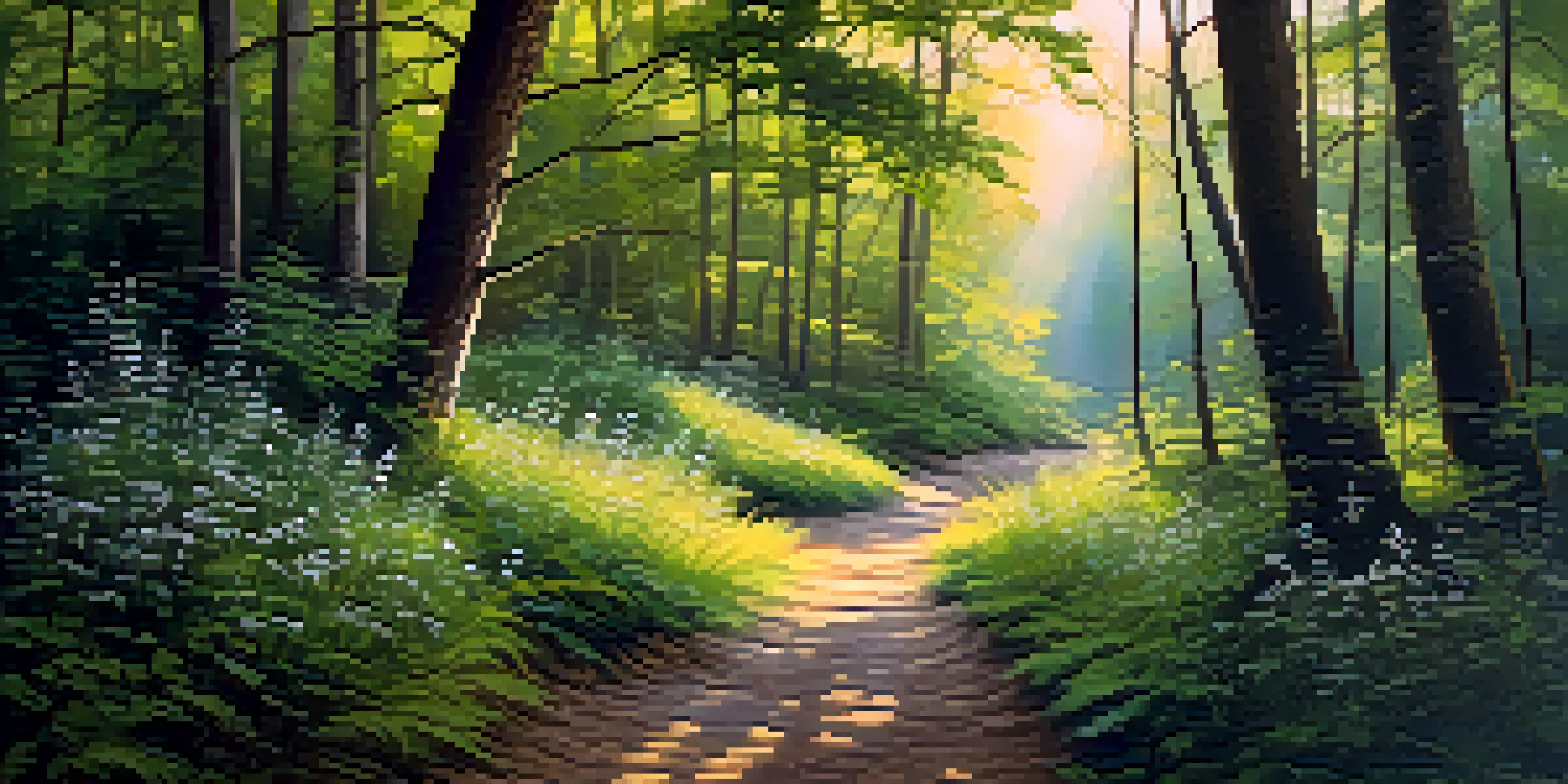 A peaceful forest at sunrise with sunlight filtering through trees and a winding path lined with wildflowers.