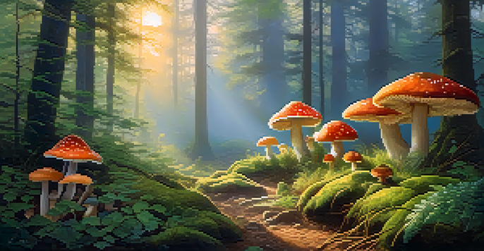 A beautiful forest at sunrise filled with colorful mushrooms and soft light filtering through the trees.