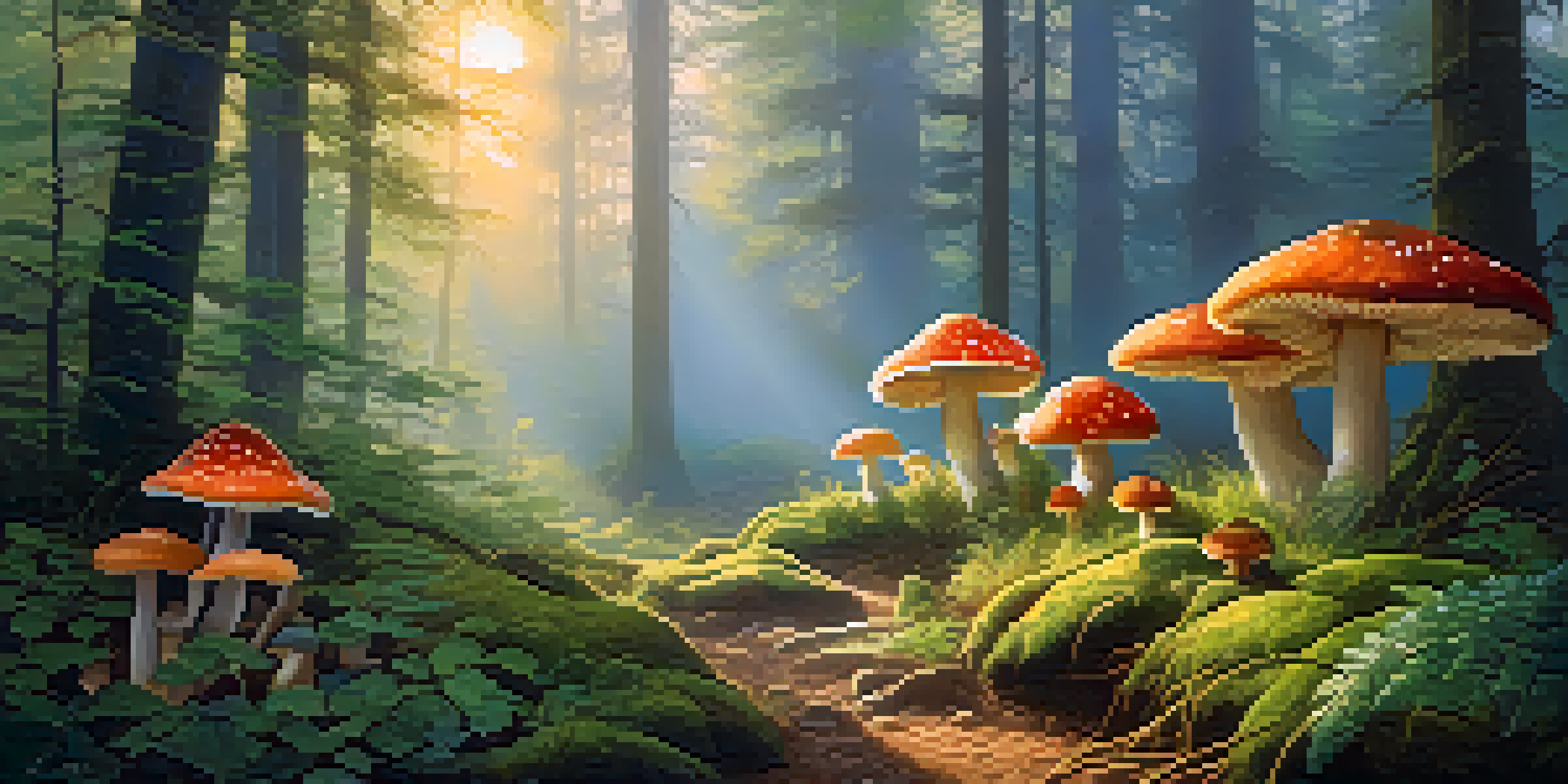 A beautiful forest at sunrise filled with colorful mushrooms and soft light filtering through the trees.