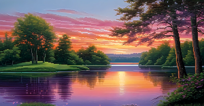 A peaceful sunset over a calm lake surrounded by green trees, with colorful reflections in the water.
