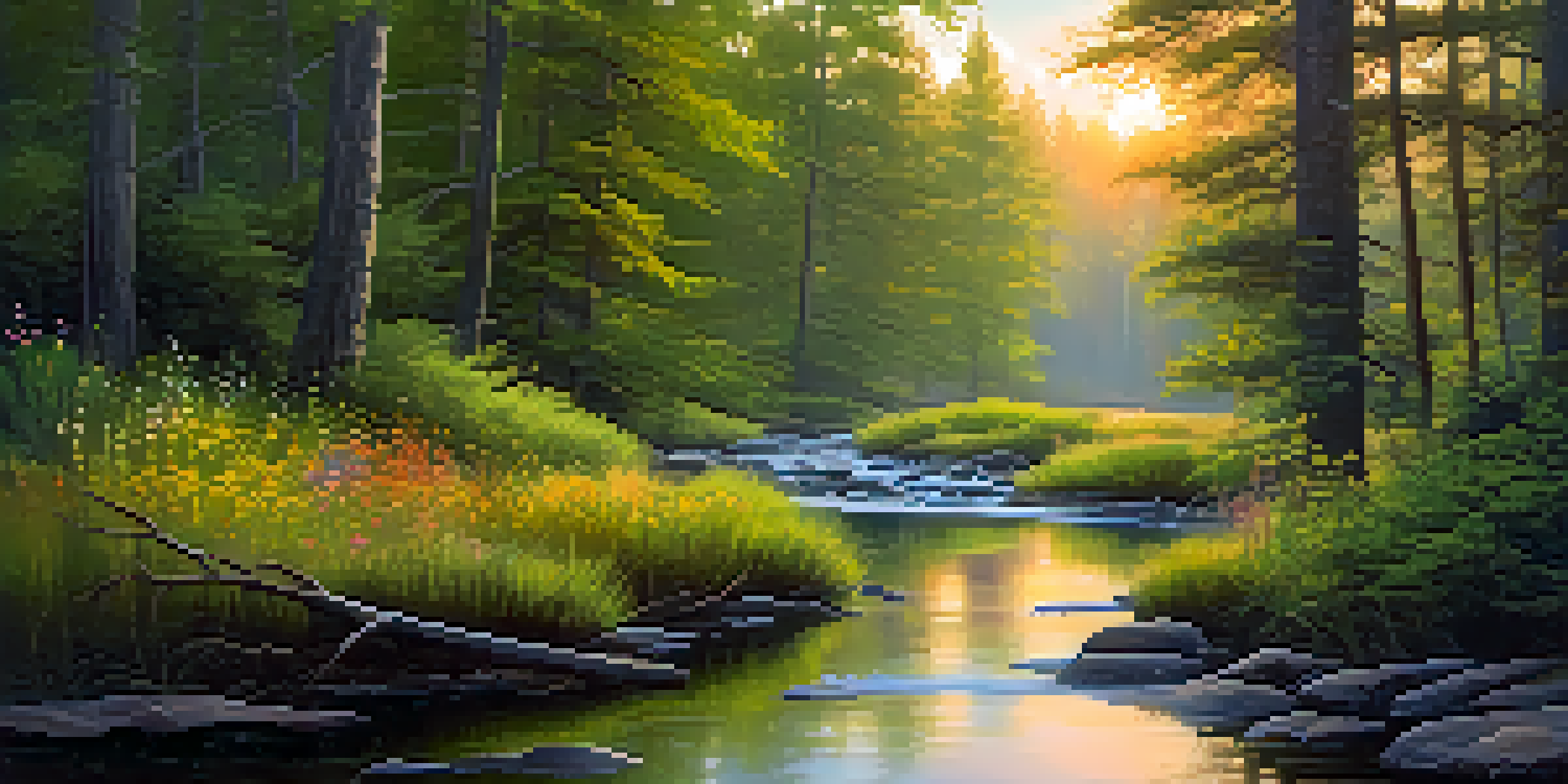 A peaceful forest at sunrise with golden light, a flowing stream, and blooming wildflowers.
