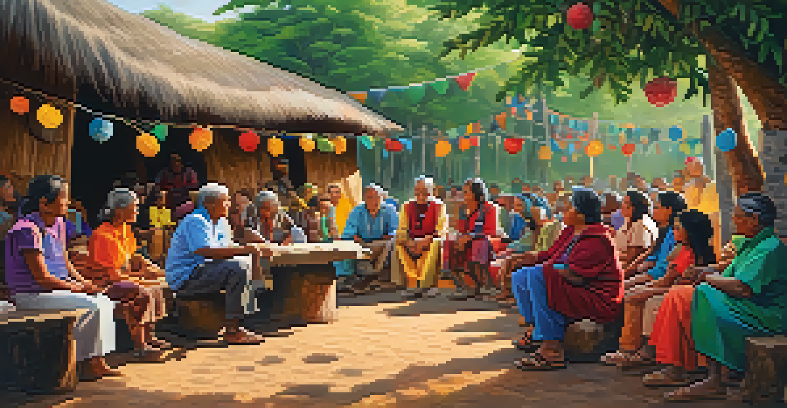 An Indigenous community gathering with elders sharing stories, surrounded by colorful decorations and lush greenery, illuminated by natural light.