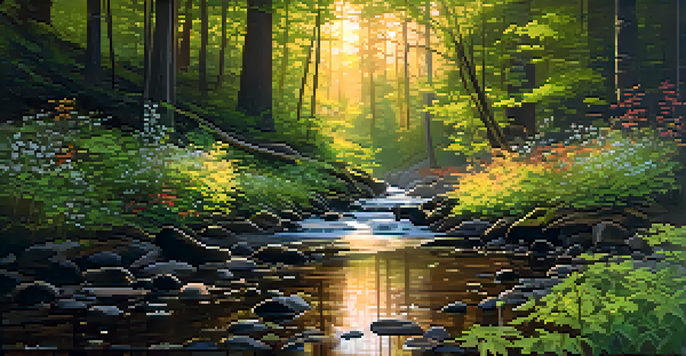 A peaceful forest landscape at dawn with sunlight filtering through leaves and a clear stream reflecting nature's colors.