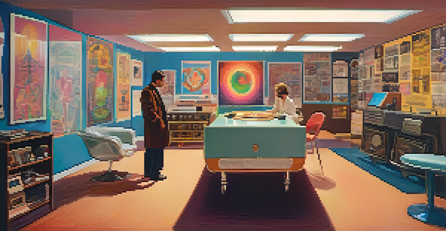 A vintage therapy room from the 1960s with a therapist and patient, decorated with psychedelic posters and soft lighting.