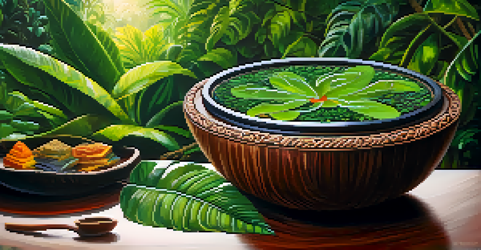 A close-up of a vibrant Ayahuasca brew in a wooden bowl, surrounded by lush Amazonian plants.