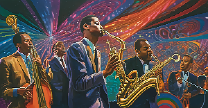 A jazz band performing on stage with psychedelic lighting, musicians in 1960s attire, and an engaged audience.