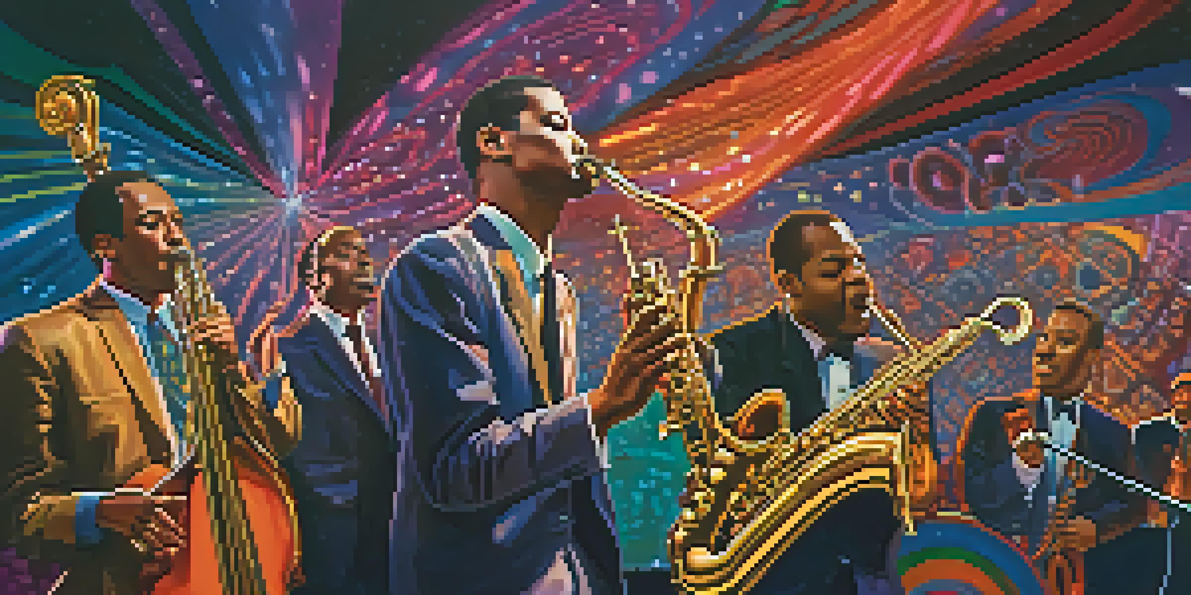 A jazz band performing on stage with psychedelic lighting, musicians in 1960s attire, and an engaged audience.