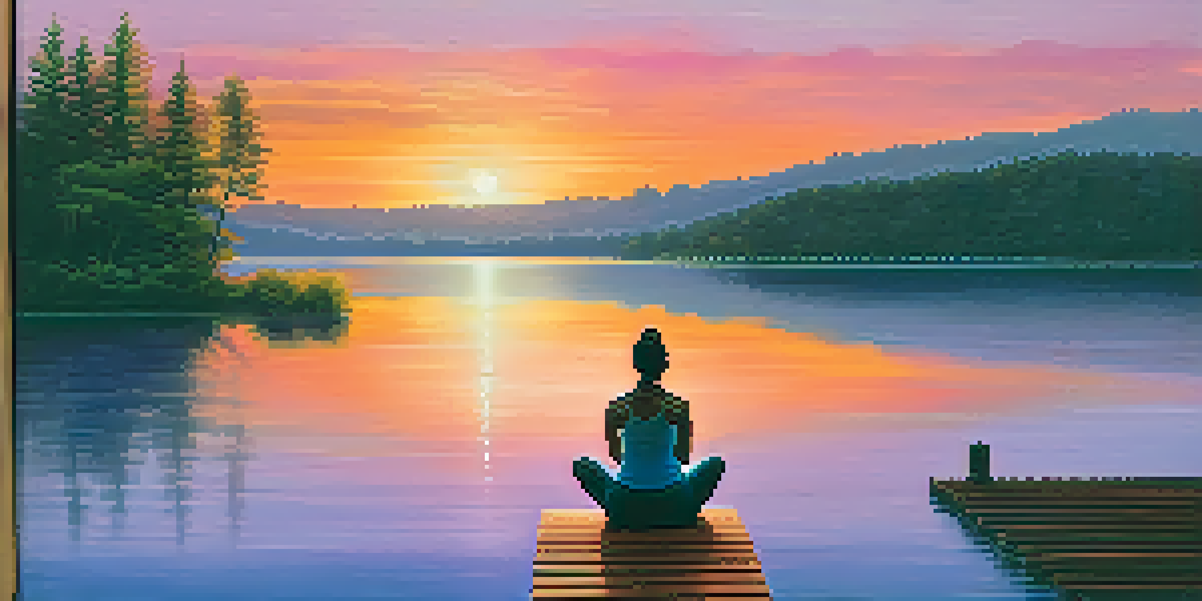 A peaceful sunset over a lake with a person practicing yoga on a dock.
