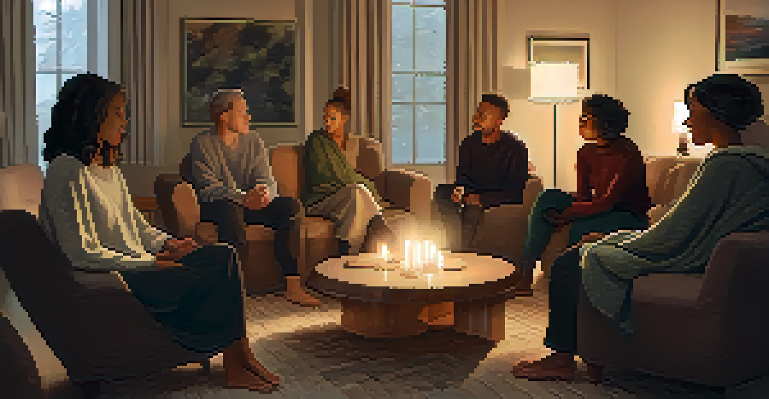 A cozy group therapy session with participants seated in a circle, engaged in conversation in a warmly lit room.