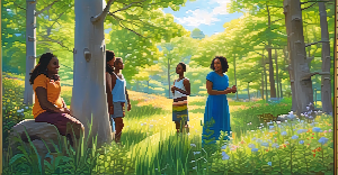 A peaceful forest scene with sunlight and a diverse group of people enjoying each other's company.