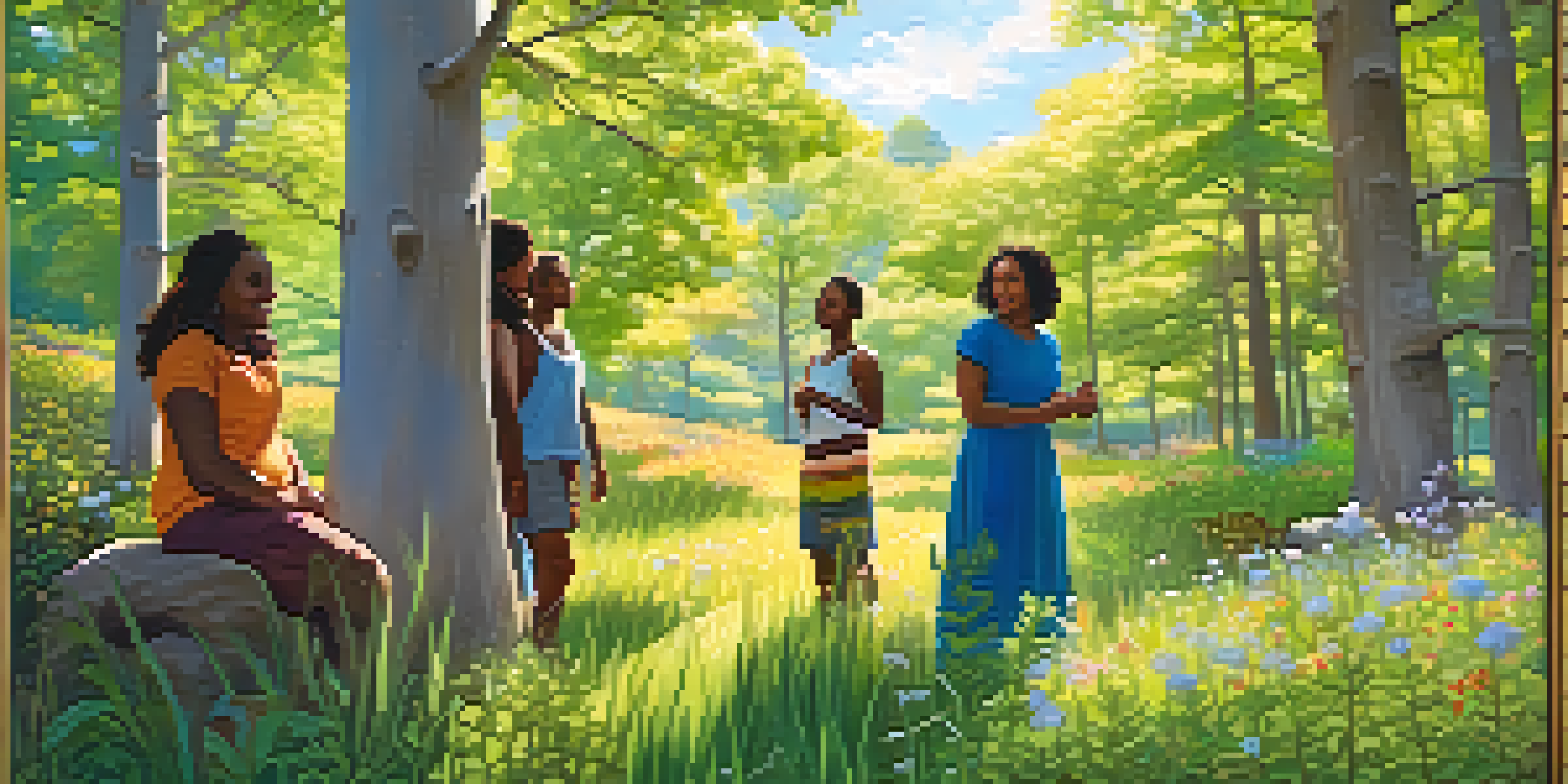 A peaceful forest scene with sunlight and a diverse group of people enjoying each other's company.
