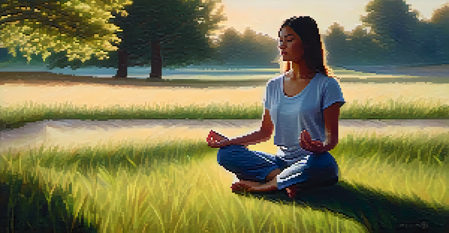 A person meditating in nature during golden hour, surrounded by trees and flowers.