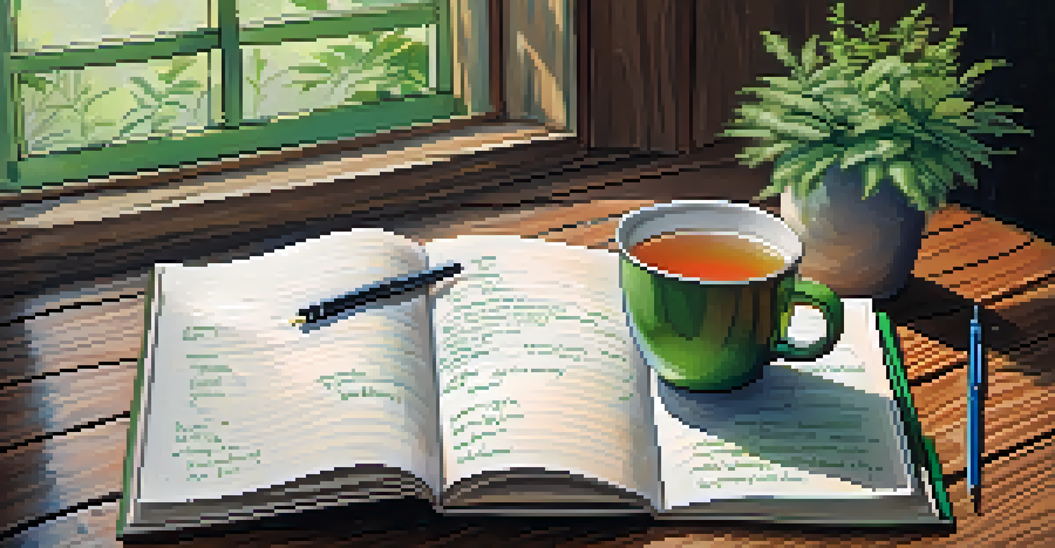 A close-up of an open dream journal with colorful sketches and notes, a pen beside it, and natural light illuminating the scene with plants and tea in the background.