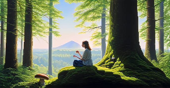 A person sitting on a moss-covered rock in a sunlit forest, holding a small mushroom, with vibrant greenery and a clear blue sky.