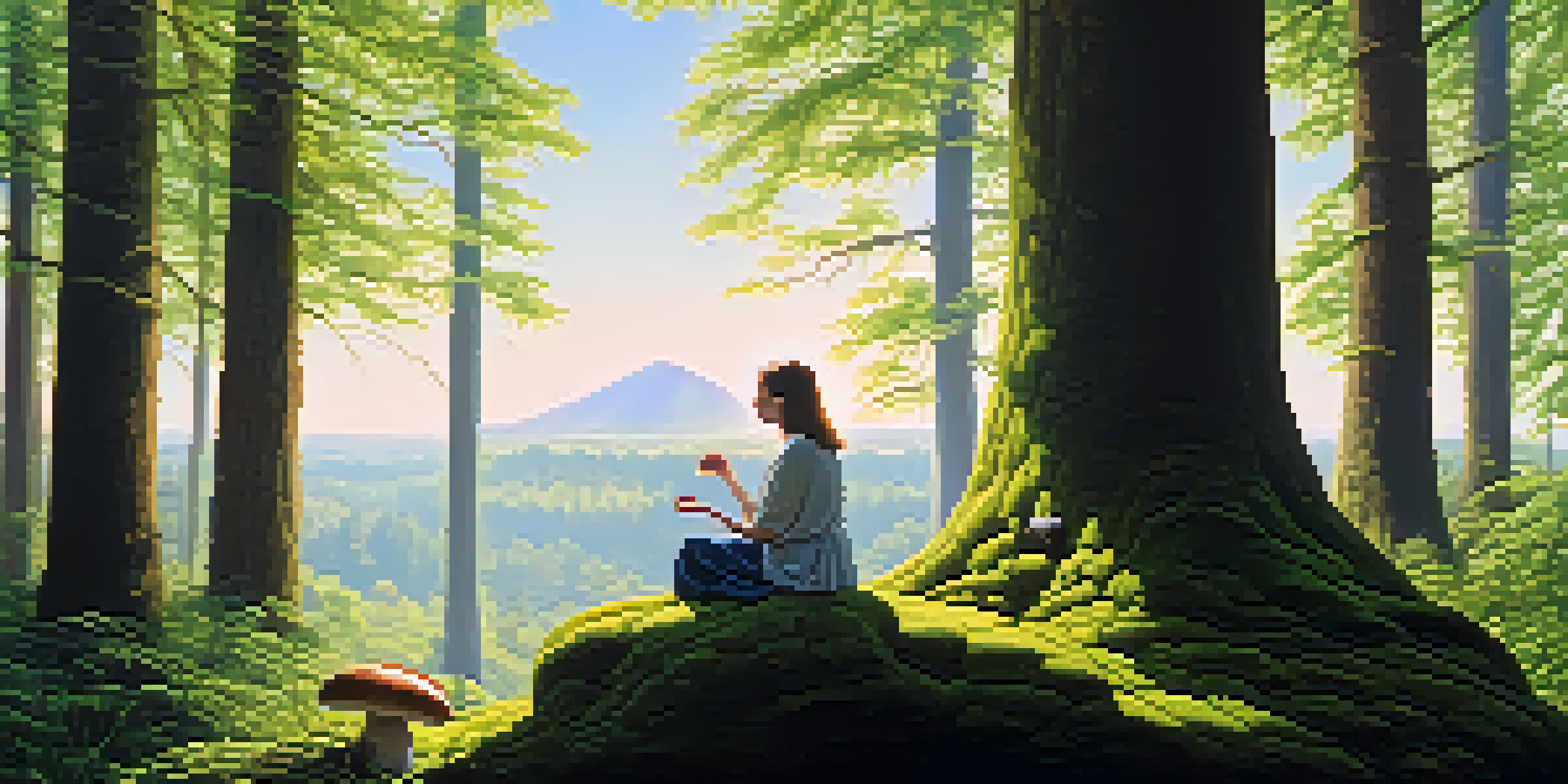 A person sitting on a moss-covered rock in a sunlit forest, holding a small mushroom, with vibrant greenery and a clear blue sky.
