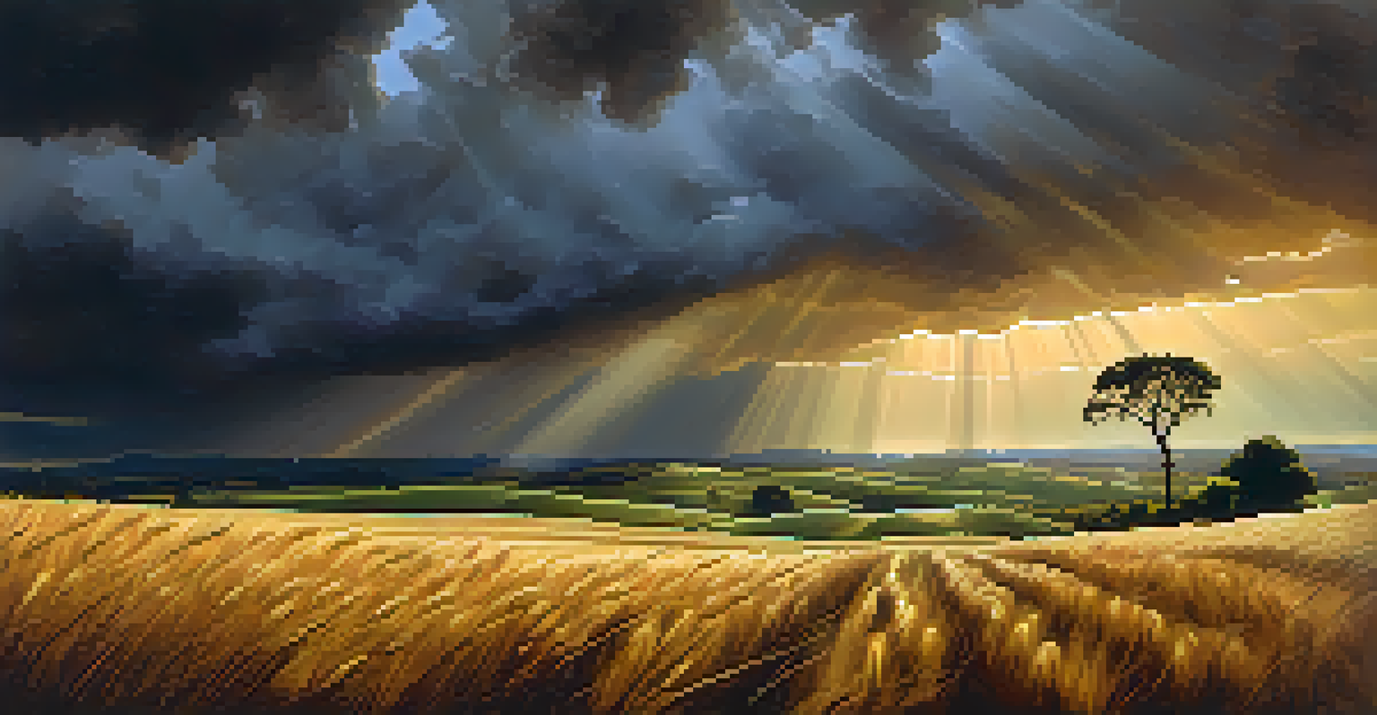 Rolling hills with golden wheat and a lone tree under a dramatic sky with storm clouds and sunlight.
