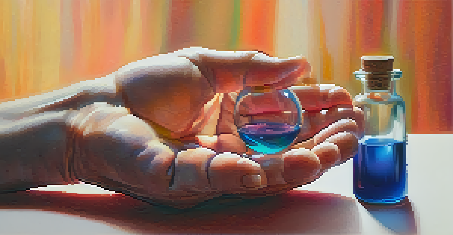 Close-up of hands holding a small glass vial filled with colorful liquid, with a blurred warm background.