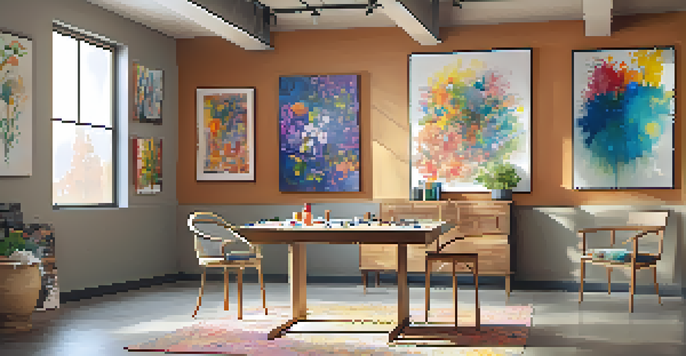 An inviting art therapy room with a canvas, paintbrushes, and expressive artwork on the walls, filled with warm light.
