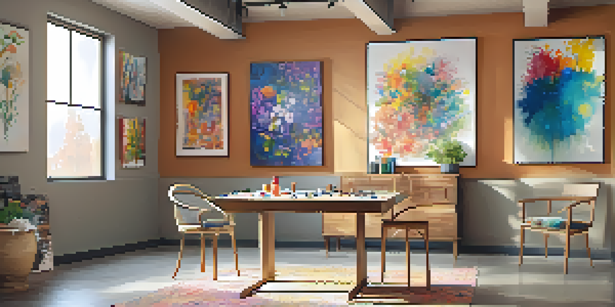 An inviting art therapy room with a canvas, paintbrushes, and expressive artwork on the walls, filled with warm light.