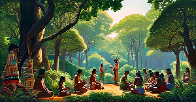 A peaceful forest scene with Indigenous people performing a traditional ceremony, surrounded by nature and sacred plants.