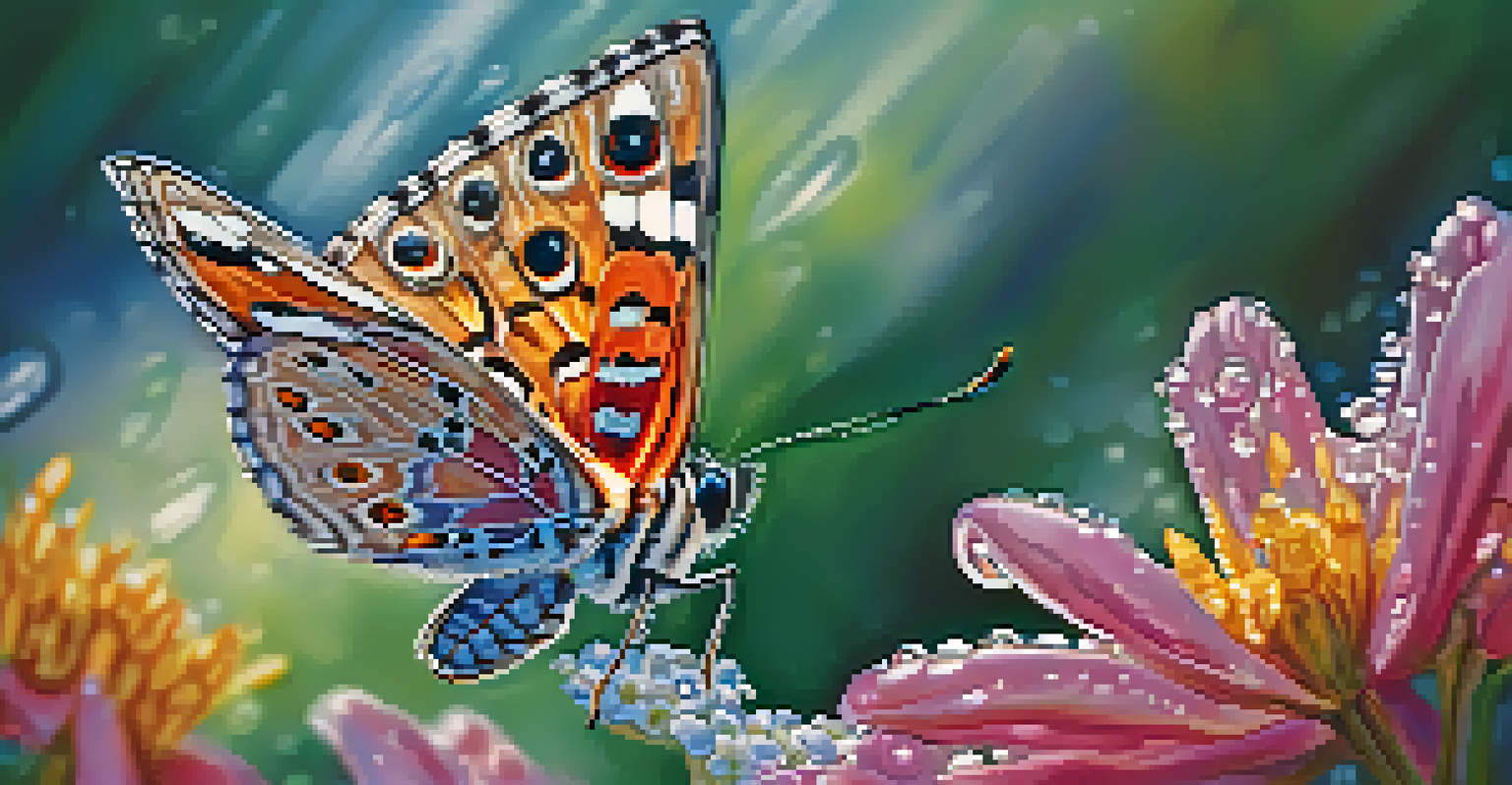 A close-up of a colorful butterfly on a flower with dewdrops glistening in the morning light.