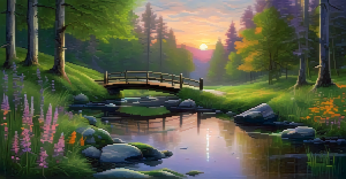 A peaceful forest at twilight with a stream and a wooden bridge, illuminated by soft sunset colors.