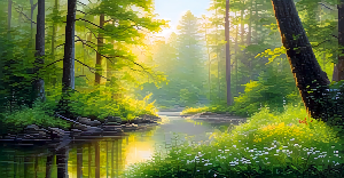 A tranquil forest at dawn with sunlight filtering through the trees, a mist over the ground, and a stream reflecting the sunrise.