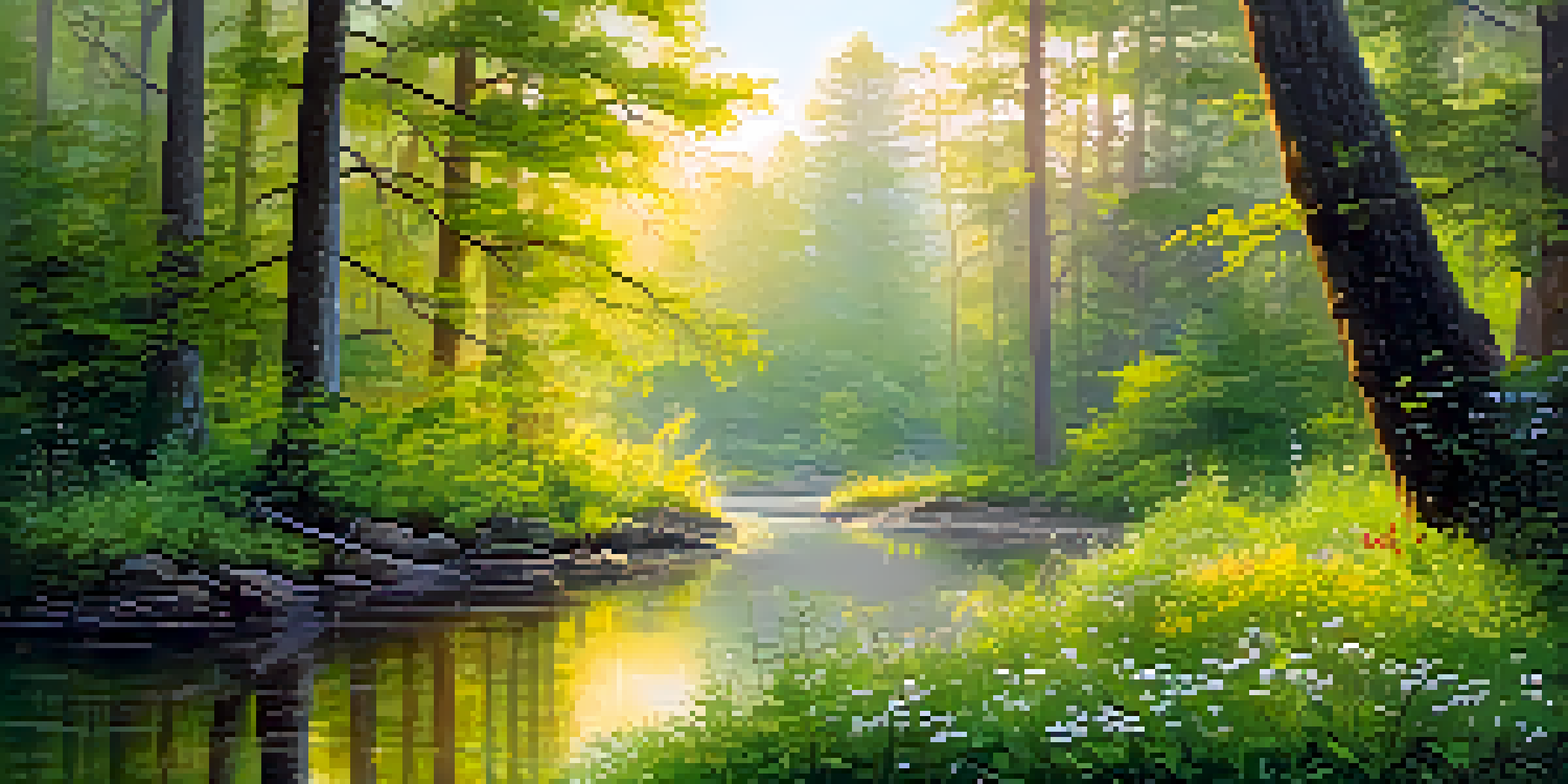 A tranquil forest at dawn with sunlight filtering through the trees, a mist over the ground, and a stream reflecting the sunrise.