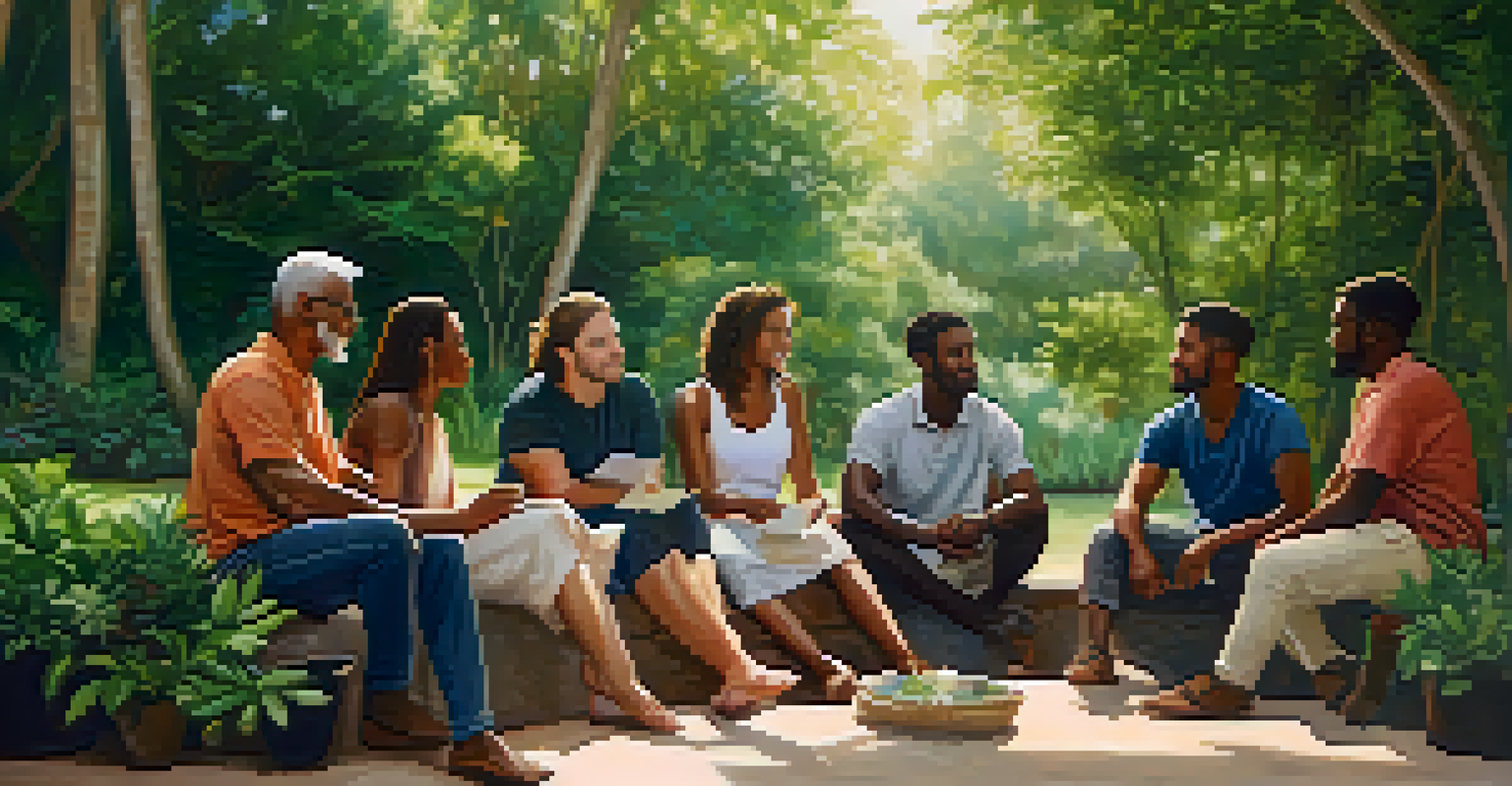 A diverse group of people in a peaceful outdoor setting, sharing experiences during a therapy session under soft sunlight with greenery around them.