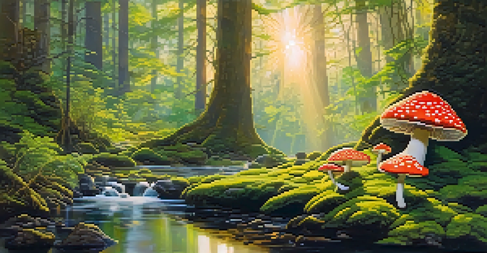 A tranquil forest with sunlight shining through trees, green moss on the ground, colorful mushrooms, and a winding stream.