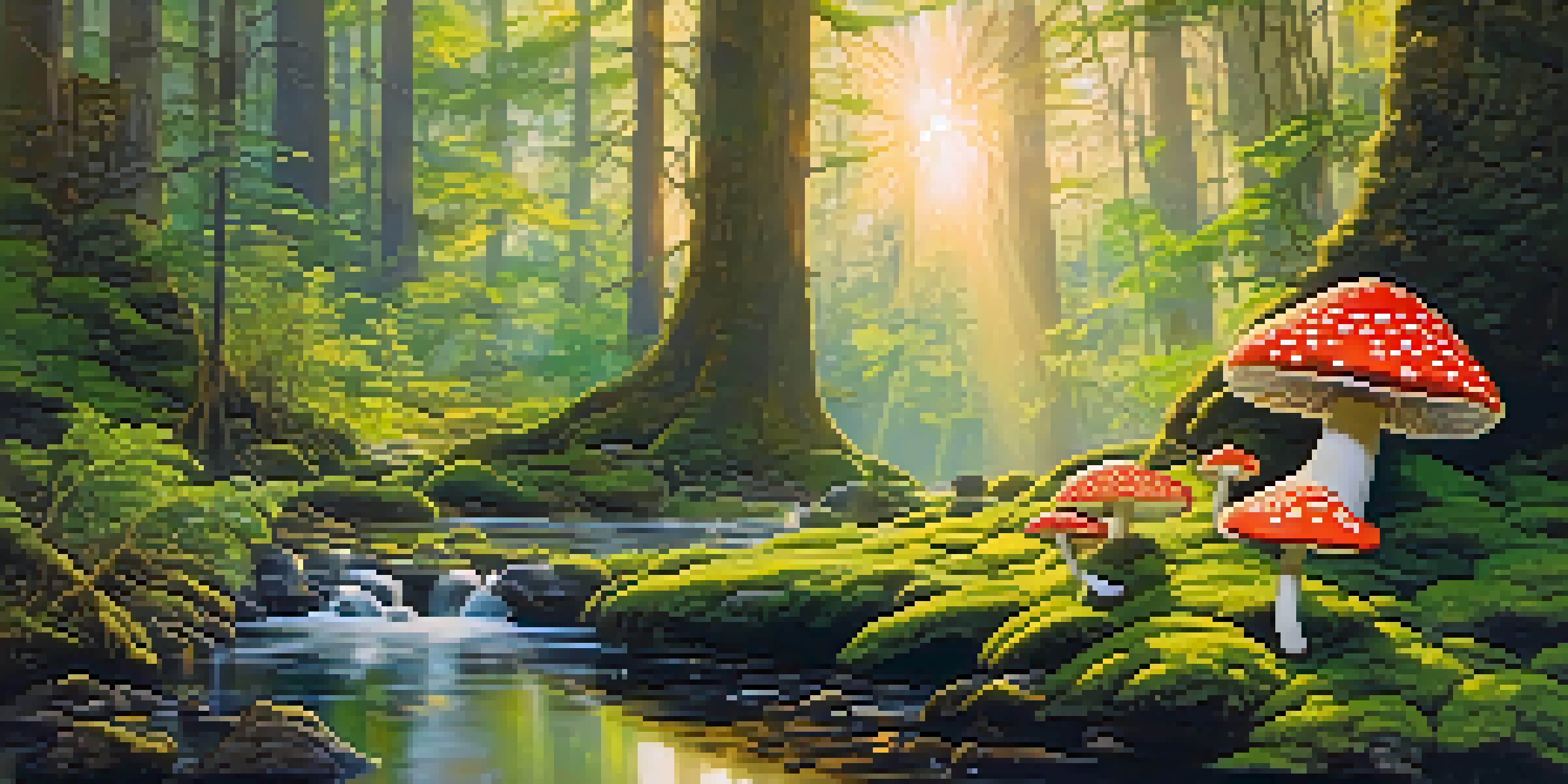 A tranquil forest with sunlight shining through trees, green moss on the ground, colorful mushrooms, and a winding stream.