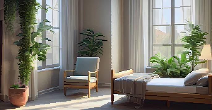 A peaceful palliative care room with warm lighting, a comfortable bed, and indoor plants, creating a calming atmosphere.