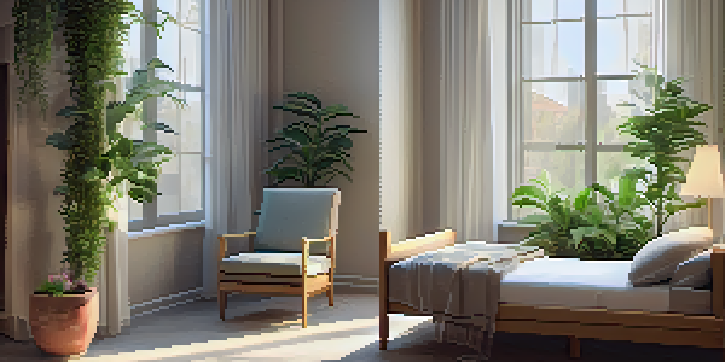 A peaceful palliative care room with warm lighting, a comfortable bed, and indoor plants, creating a calming atmosphere.