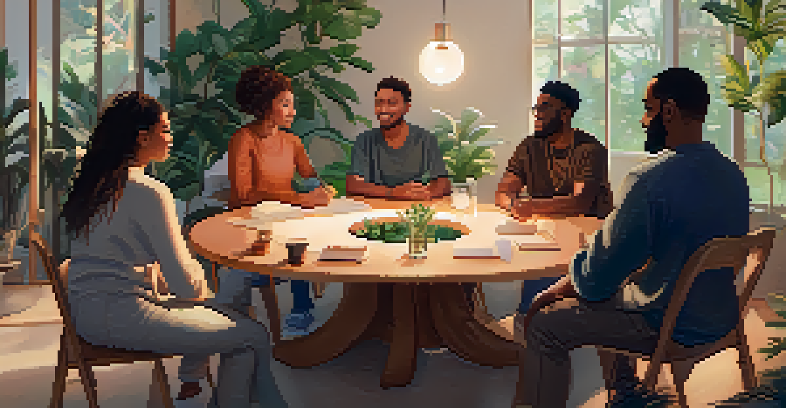 A diverse group of individuals in a circle during a therapy session, sharing experiences in a warmly lit room with plants.