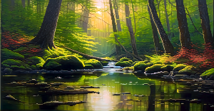 A peaceful forest at dusk with sunlight filtering through trees, a gentle stream, and blooming wildflowers.