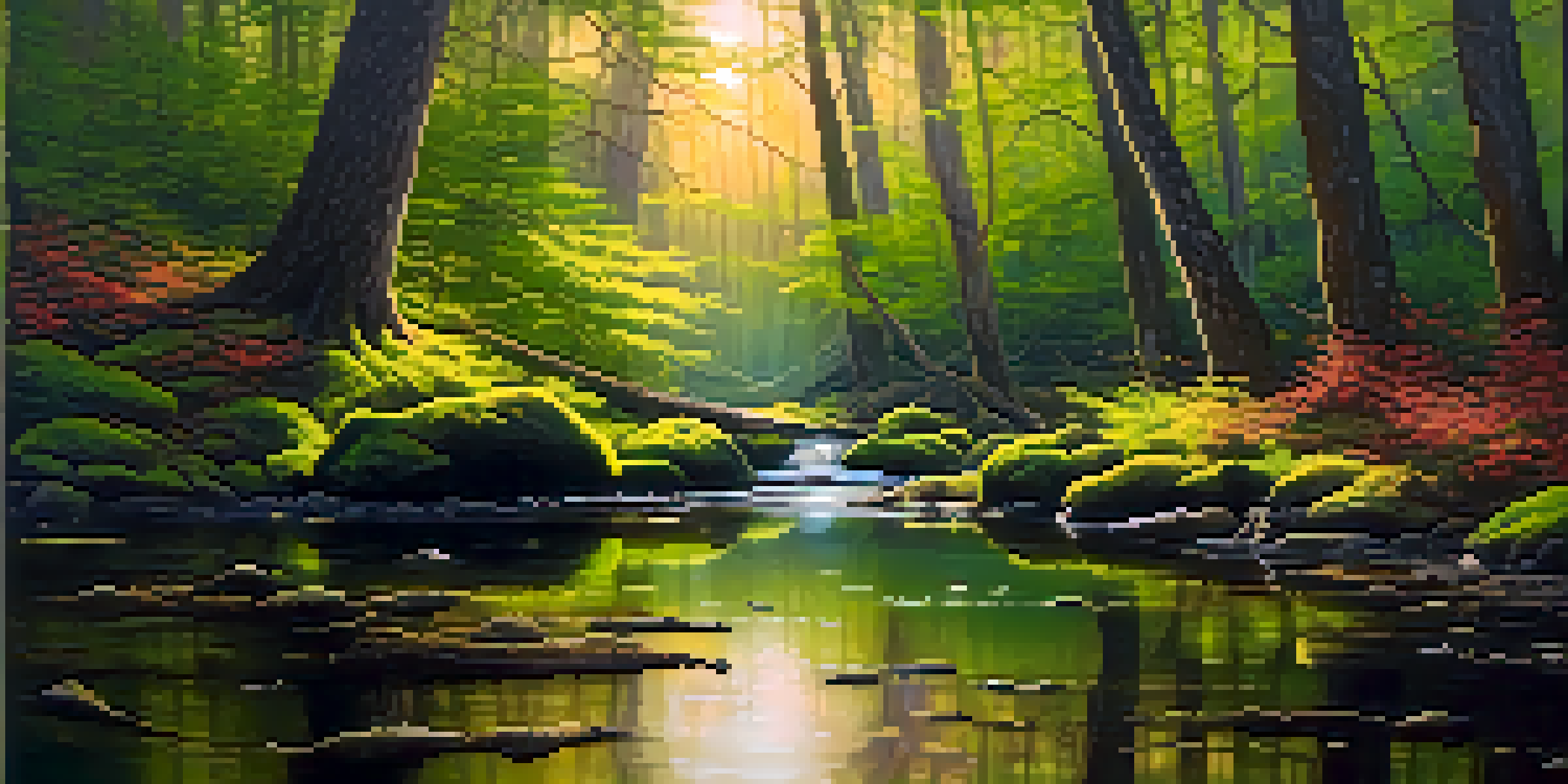 A peaceful forest at dusk with sunlight filtering through trees, a gentle stream, and blooming wildflowers.