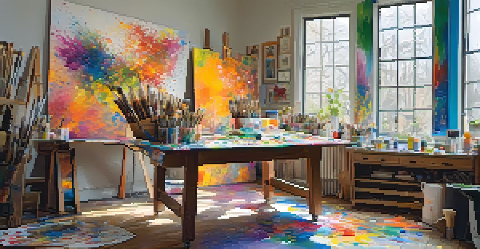 An artist's studio with colorful canvases, a painter at work, and natural light illuminating the creative space.