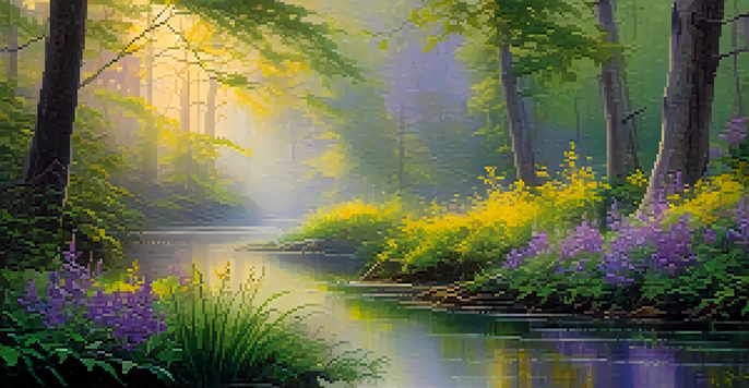 A peaceful forest landscape at dawn with sunlight filtering through leaves and a brook reflecting morning light.