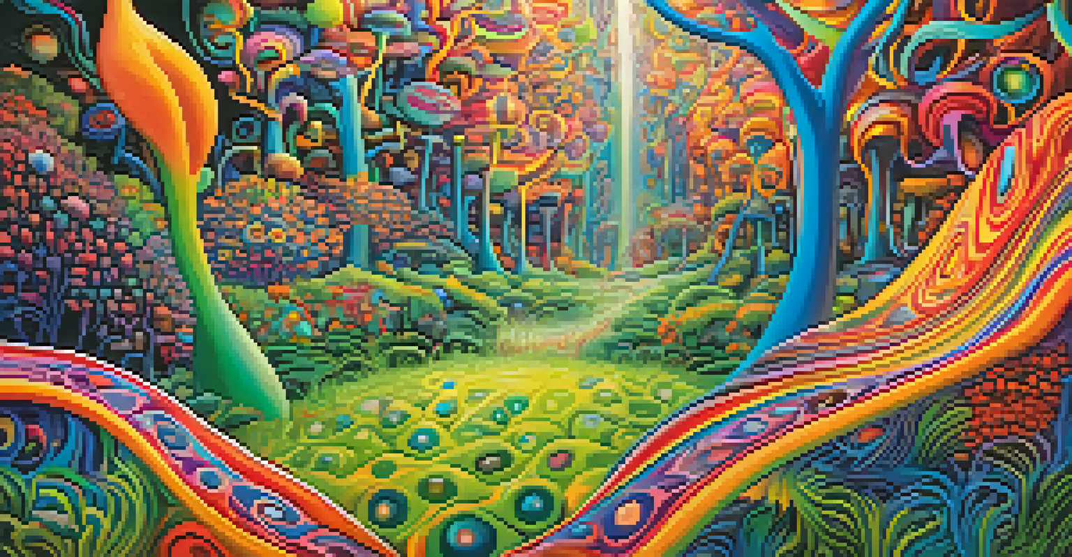 A vibrant garden scene with colorful swirling patterns representing hallucinogens, illustrating growth and creativity in a dreamlike manner.
