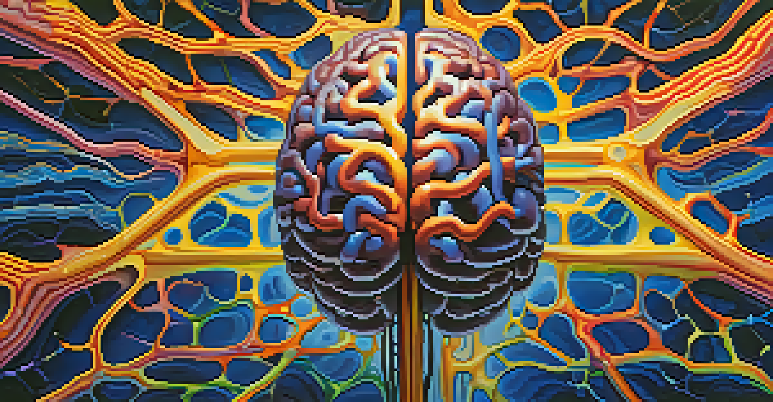 An abstract illustration of a brain with colorful neural pathways against a warm gradient background, symbolizing exploration.