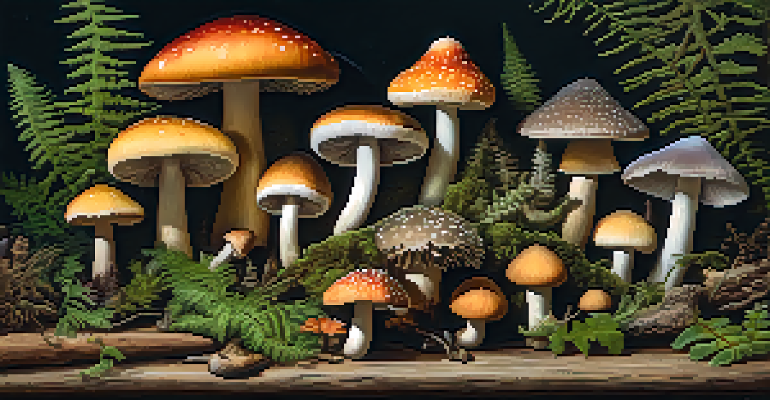 A collection of colorful hallucinogenic mushrooms on a wooden table, with ferns and moss for a natural look.