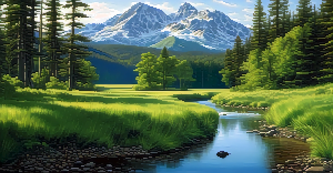 A peaceful forest scene with sunlight streaming through trees, a stream, and mountains in the background.