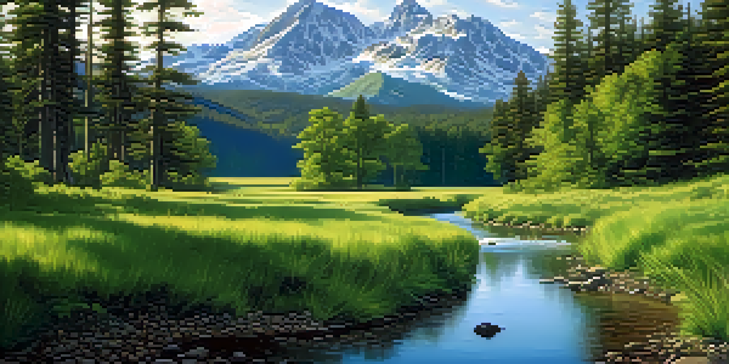 A peaceful forest scene with sunlight streaming through trees, a stream, and mountains in the background.