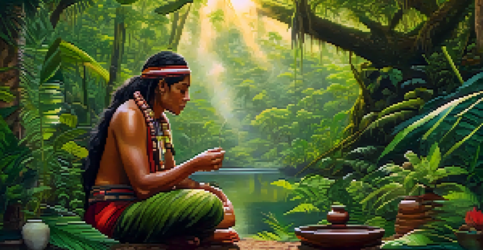 An indigenous healer preparing ayahuasca in a lush rainforest, surrounded by greenery and traditional pottery.