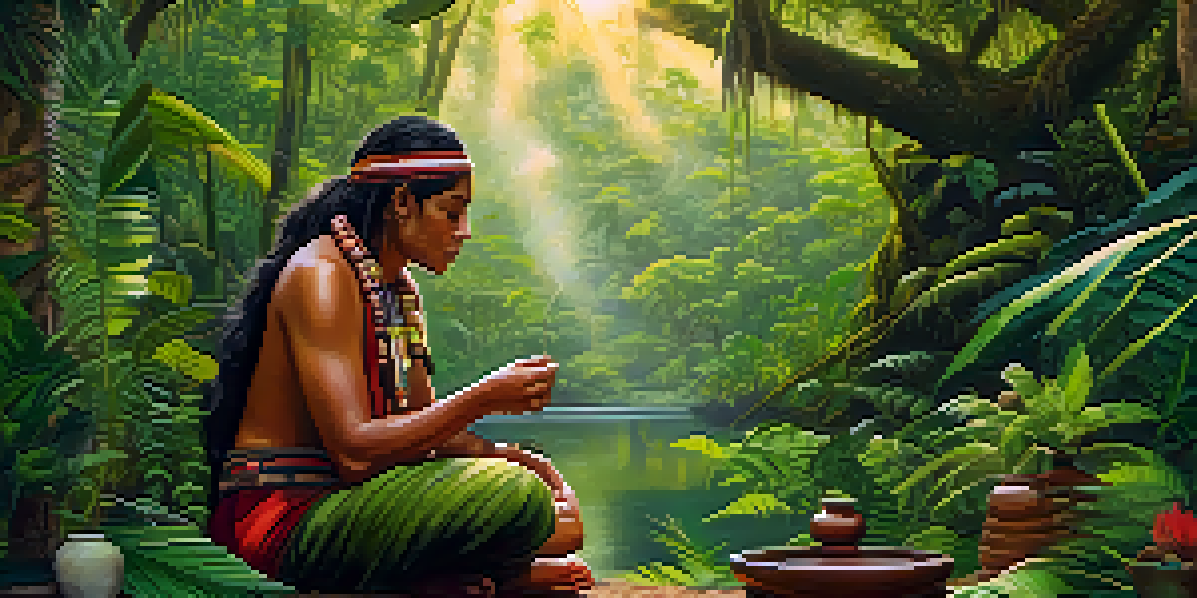An indigenous healer preparing ayahuasca in a lush rainforest, surrounded by greenery and traditional pottery.