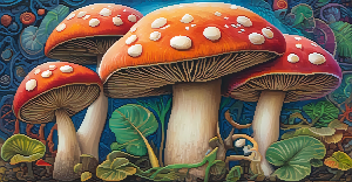 Artistic representation of sacred mushrooms with Mesoamerican patterns and symbols, showcasing vibrant colors and textures.